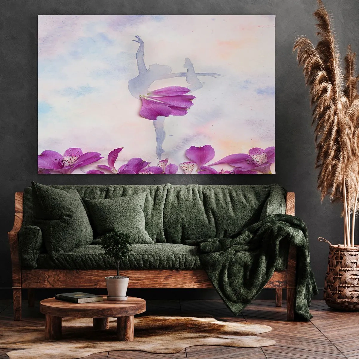 Obraz na płótnie - Tancerka w sukni z płatka kwiatu na tle pastelowym - 70x50cm - Delikatna jak kwiat - Nowoczesna dekoracja ścienna do salonu i sypialni ARTTOR