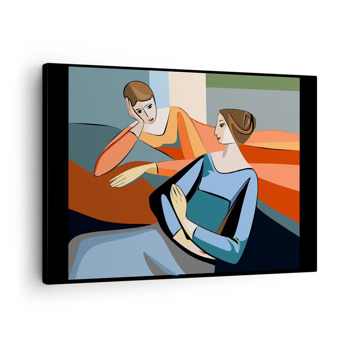 Obraz na płótnie - Abstrakcyjna ilustracja dwóch kobiet w stylu kubistycznym - 70x50cm - Chwila zwierzeń - Nowoczesna dekoracja ścienna do salonu i sypialni ARTTOR