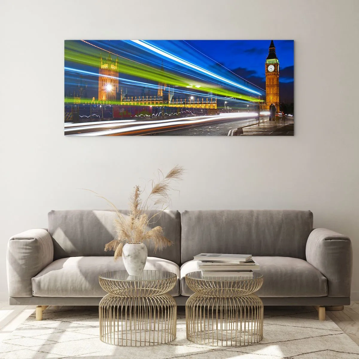 Obraz na szkle - Big Ben nocą z efektem świateł w ruchu na ulicy - 140x50cm - Pod okiem Big Bena - Nowoczesna dekoracja ścienna do salonu i sypialni ARTTOR