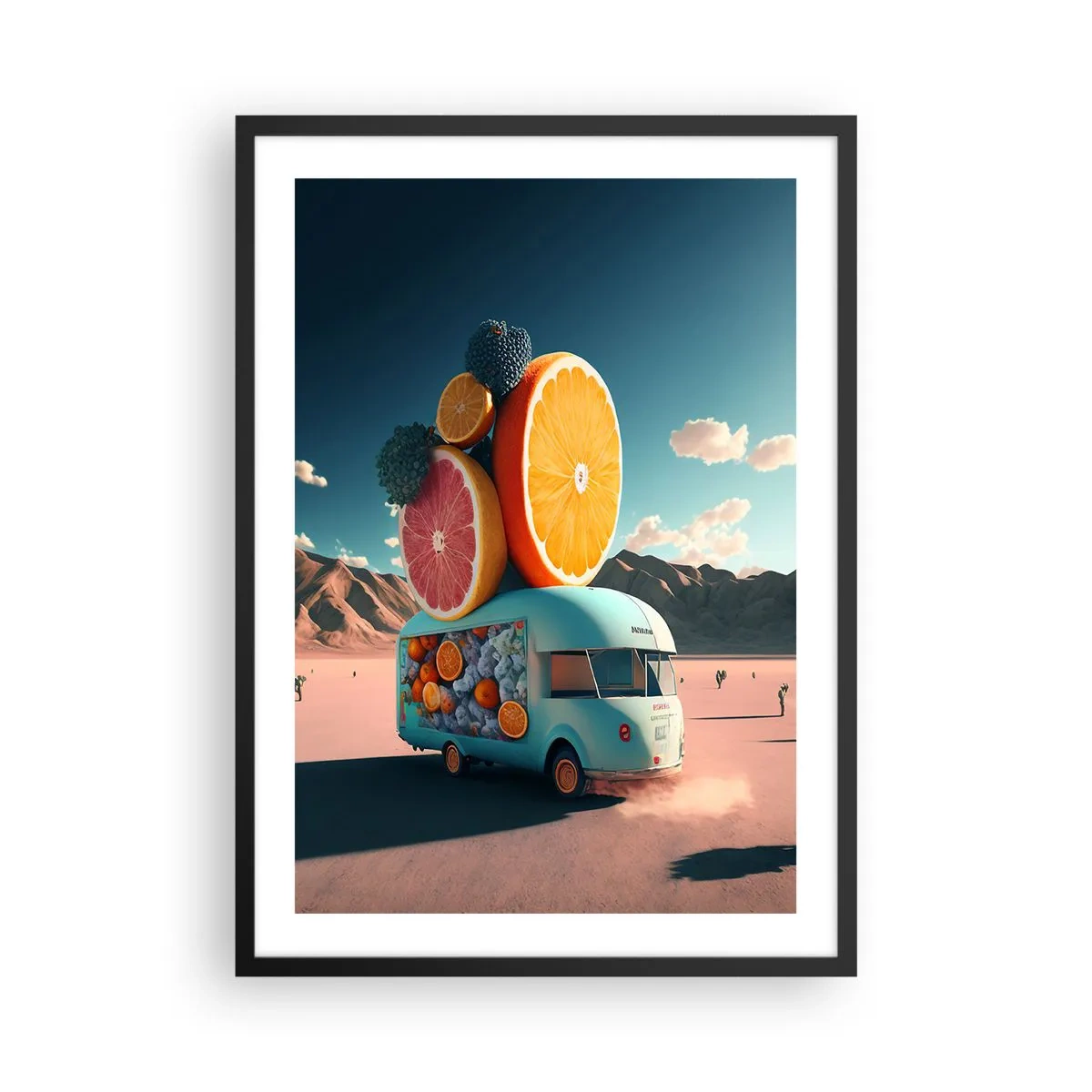 Plakat w czarnej ramie - Fantazyjna ciężarówka z owocami na pustyni - 50x70cm - Smak wakacji - Nowoczesna dekoracja ścienna do salonu i sypialni ARTTOR