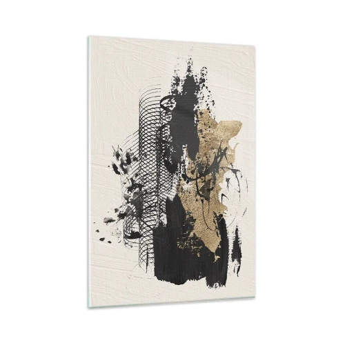 Obraz na szkle - Abstrakcyjny obraz w czerni i złocie z dynamicznymi liniami i strukturami - 80x120cm - Kompozycja z pasją - Nowoczesna dekoracja ścienna do salonu i sypialni ARTTOR