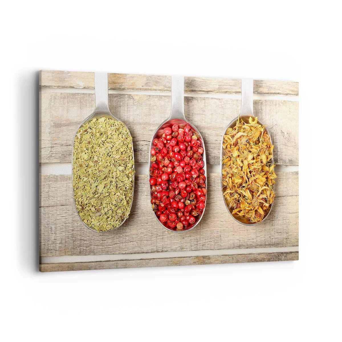 Obraz na płótnie - Trzy metalowe łyżki z przyprawami na drewnianym tle - 120x80cm - Kuchenna magia - Nowoczesna dekoracja ścienna do salonu, kuchni i sypialni ARTTOR