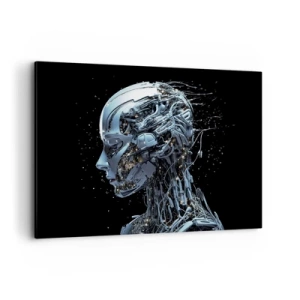 Obraz na płótnie - Futurystyczny portret cyborga w industrialnym stylu na czarnym tle - 100x70cm - Technologia jest kobietą - Nowoczesna dekoracja ścienna do salonu, kuchni i sypialni ARTTOR