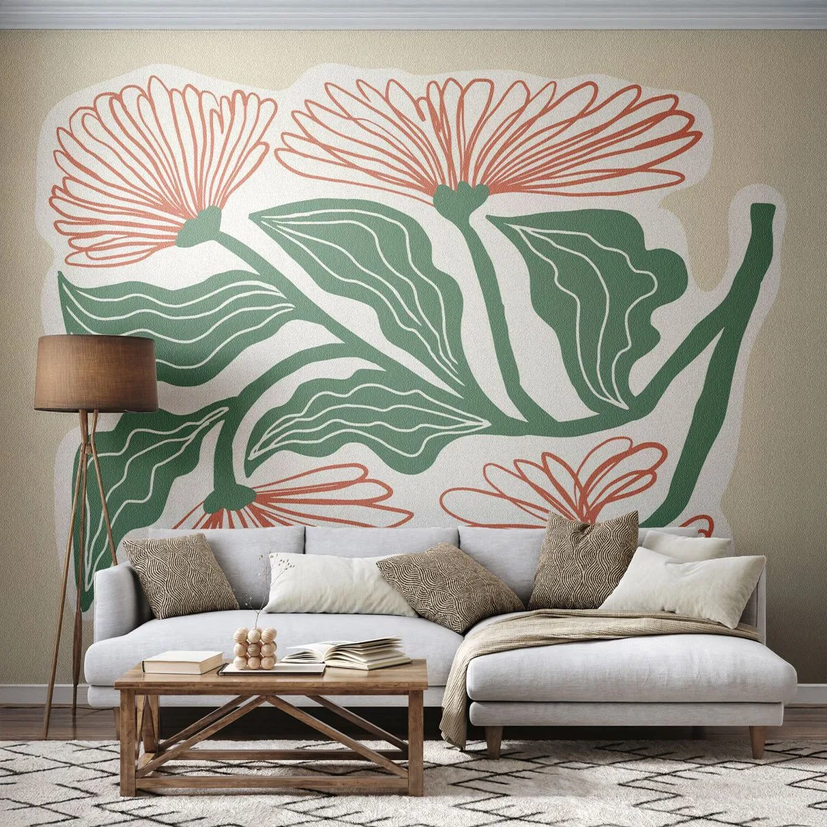 Fototapeta Premium Sand - Stylizowane kwiaty o czerwonych płatkach i zielonych liściach - 100x70cm - Ludowe i nowoczesne - Nowoczesna dekoracja ścienna do salonu, kuchni i sypialni ARTTOR