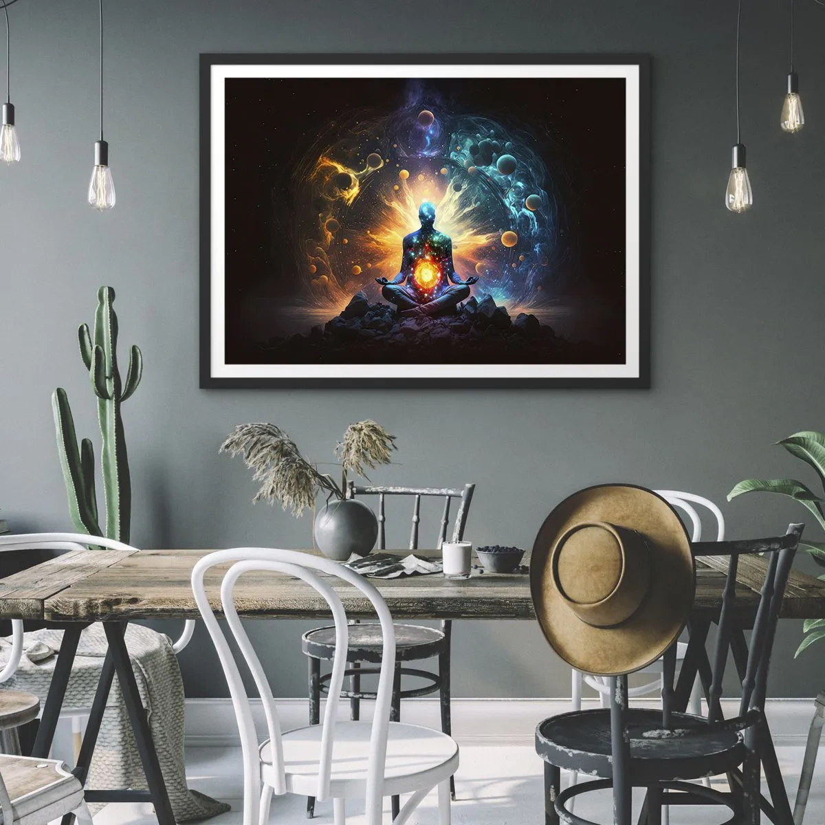 Plakat w czarnej ramie - Postać w medytacji otoczona kosmiczną aurą - 70x50cm - Kosmiczny spokój - Nowoczesna dekoracja ścienna do salonu i sypialni ARTTOR