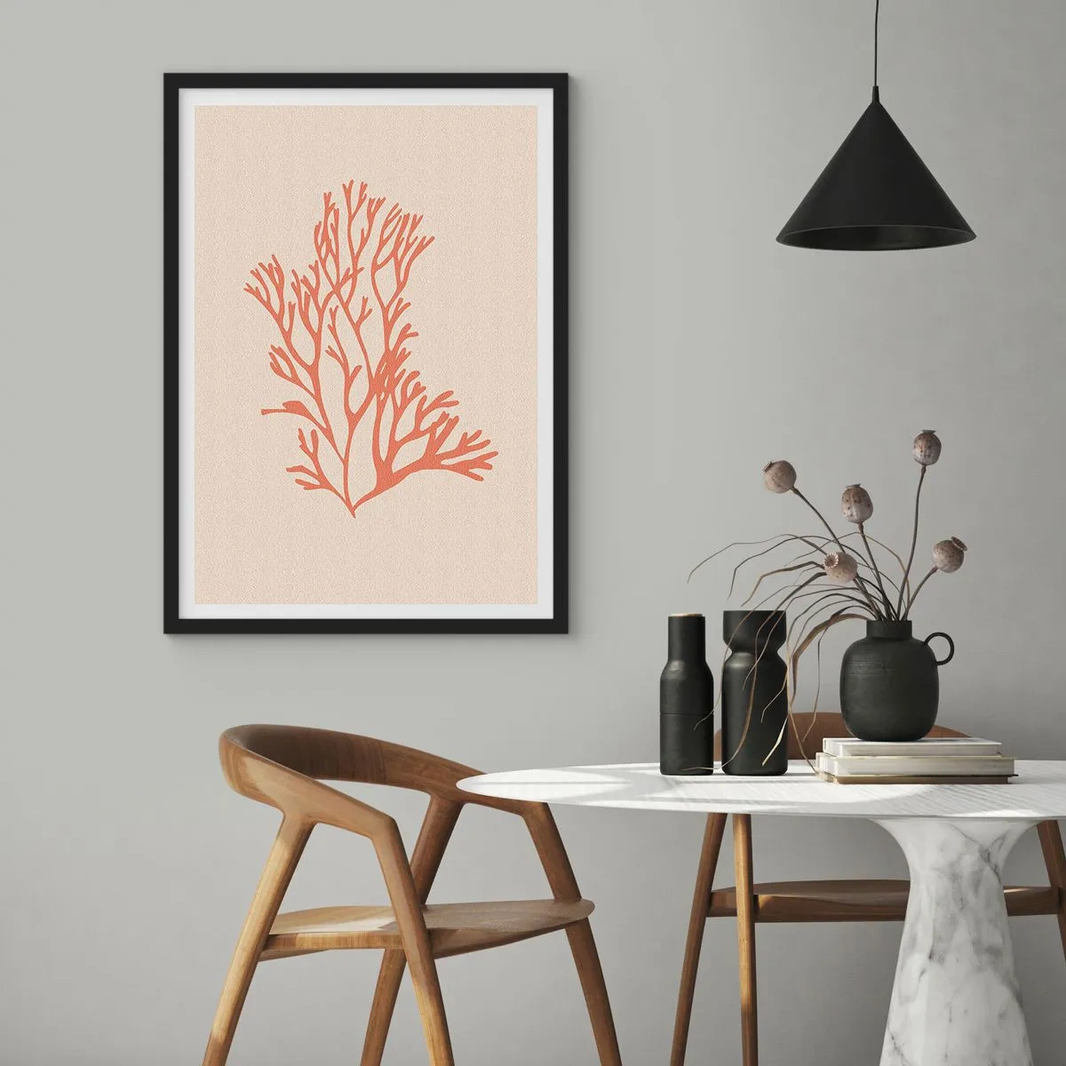 Plakat w czarnej ramie - Delikatna ilustracja koralowca na jasnym tle - 50x70cm - Koralowy filigran - Nowoczesna dekoracja ścienna do salonu i sypialni ARTTOR