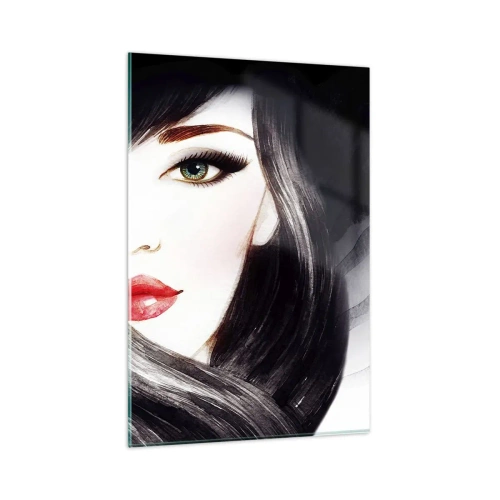 Obraz na szkle - Portret kobiety z wyrazistym spojrzeniem i czerwonymi ustami - 80x120cm - Szafirowe spojrzenie - Nowoczesna dekoracja ścienna do salonu i sypialni ARTTOR