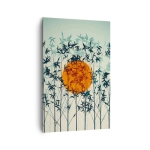 Obraz na płótnie - Pomarańczowe słońce wśród bambusowych gałęzi - 80x120cm - Japońskie słońce - Nowoczesna dekoracja ścienna do salonu i sypialni ARTTOR