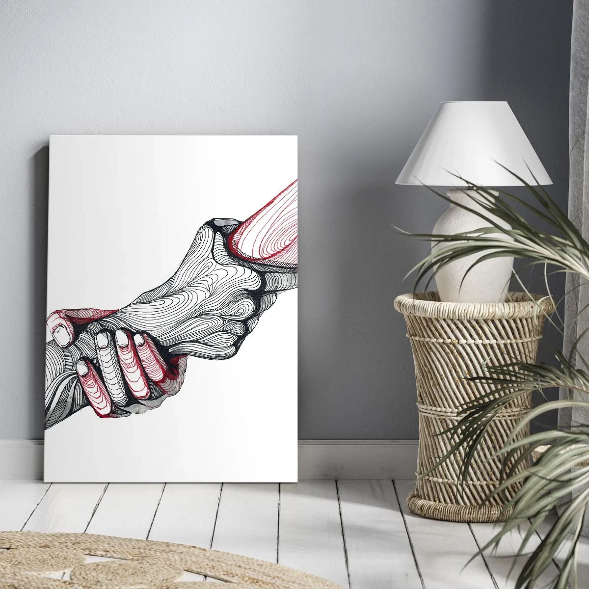 Obraz na płótnie - Symboliczny rysunek splecionych dłoni w minimalistycznym stylu - 50x70cm - Jesteś w dobrych rękach - Nowoczesna dekoracja ścienna do salonu, kuchni i sypialni ARTTOR