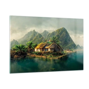 Obraz na szkle - Tropikalna wioska nad wodą w otoczeniu gór i palm - 120x80cm - Tropikalny raj - Nowoczesna dekoracja ścienna do salonu, kuchni i sypialni ARTTOR
