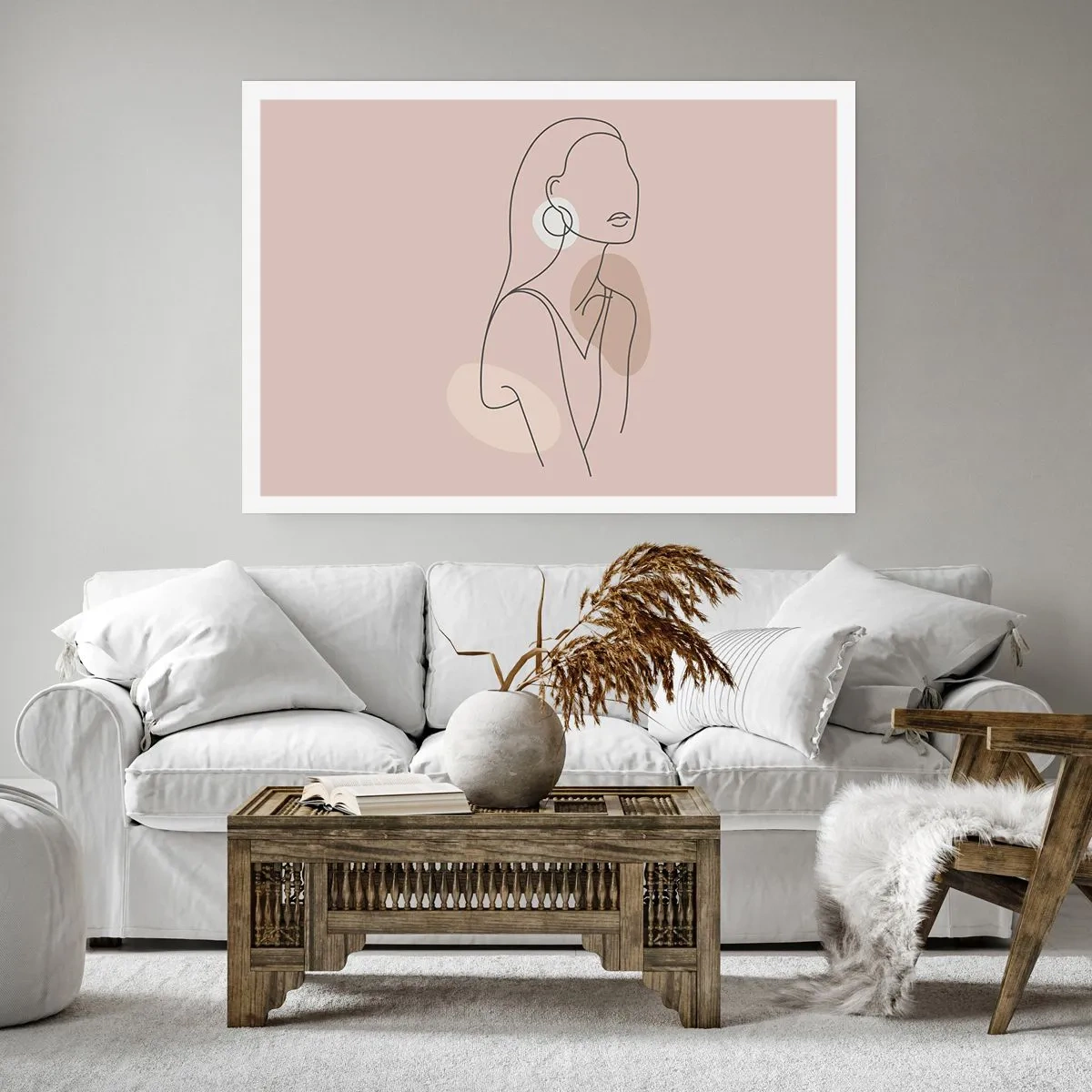 Plakat - Minimalistyczna ilustracja kobiety z konturów na beżowym tle - 100x70cm - Ikona dziewczęcości - Nowoczesna dekoracja ścienna do salonu i sypialni ARTTOR