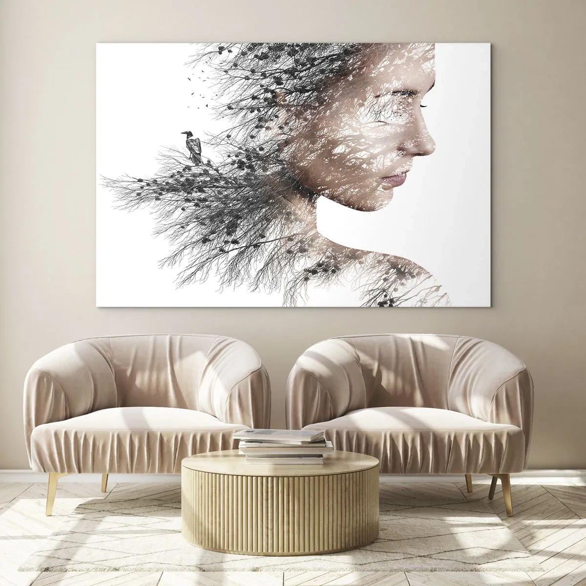 Obraz na szkle - Portret kobiety z gałęziami w tle - 70x50cm - Duch lasu - Nowoczesna dekoracja ścienna do salonu i sypialni ARTTOR