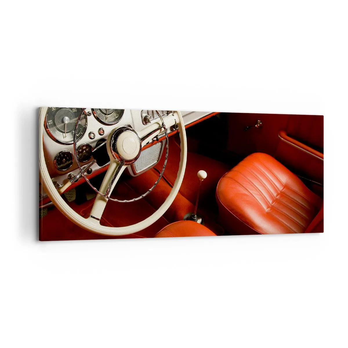 Obraz na płótnie - Wnętrze klasycznego samochodu z czerwonymi skórzanymi siedzeniami - 120x50cm - Luksus w stylu vintage - Nowoczesna dekoracja ścienna do salonu i sypialni ARTTOR