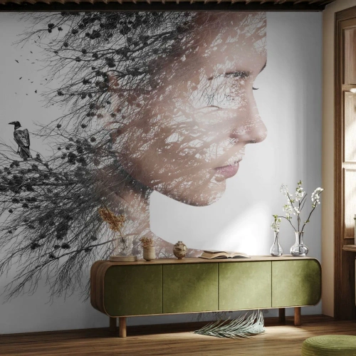 Fototapeta Premium Canvas - Sylwetka kobiety z motywem gałęzi i ptaka w tle - 100x70cm - Duch lasu - Nowoczesna dekoracja ścienna do salonu i sypialni ARTTOR