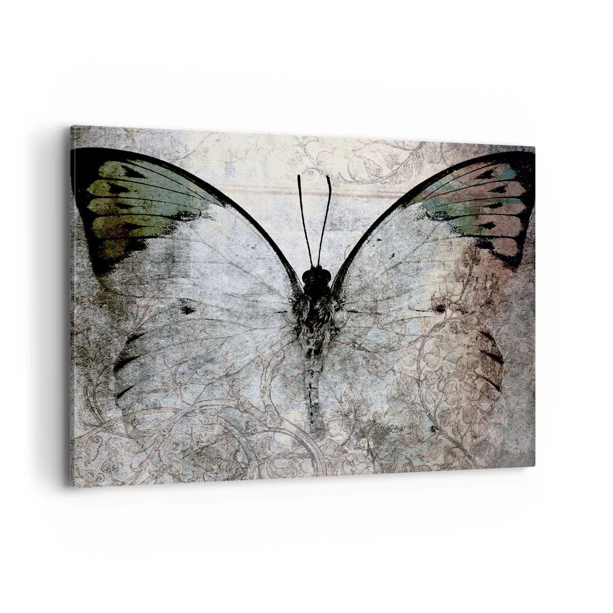 Obraz na płótnie - Motyl w odcieniach zieleni i szarości na ozdobnym tle - 100x70cm - W secesyjnym stylu - Nowoczesna dekoracja ścienna do salonu, kuchni i sypialni ARTTOR