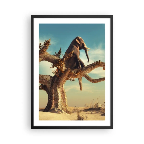 Plakat w czarnej ramie - Słoń siedzący na gałęzi drzewa w surrealistycznym krajobrazie - 50x70cm - Nowy punkt widzenia - Nowoczesna dekoracja ścienna do salonu i sypialni ARTTOR