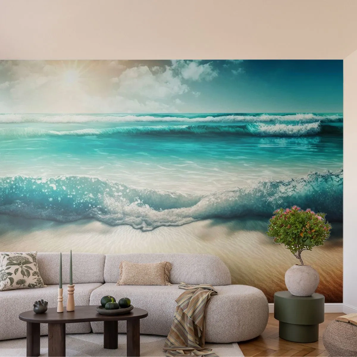 Fototapeta Premium Sand - Turkusowe fale oceanu rozbijające się o piaszczystą plażę - 100x70cm - Spokój oceanu - Nowoczesna dekoracja ścienna do salonu, kuchni i sypialni ARTTOR