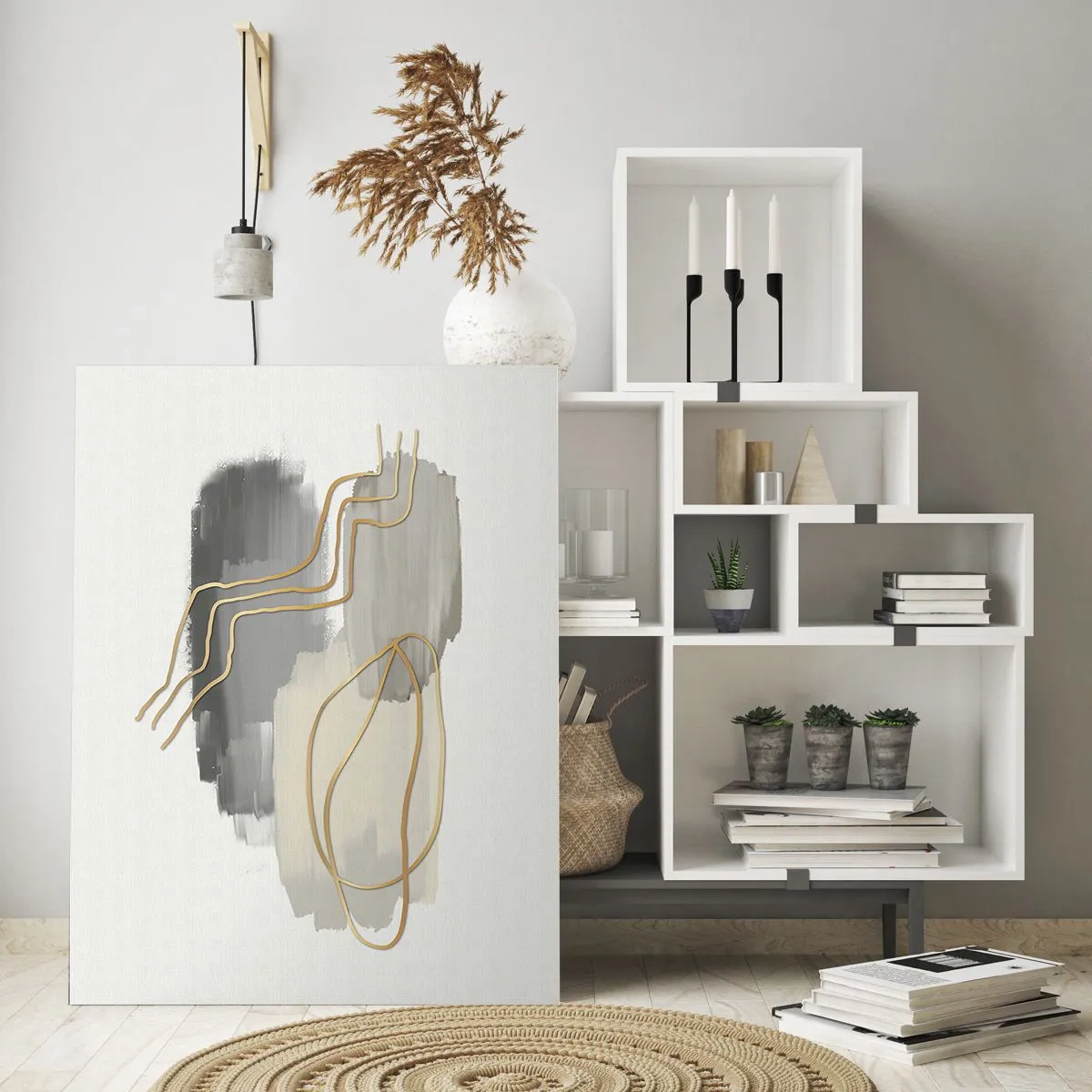 Obraz na szkle - Abstrakcja z szarymi plamami i złotymi liniami na jasnym tle - 50x70cm - Trwanie i ruch - Nowoczesna dekoracja ścienna do salonu, kuchni i sypialni ARTTOR