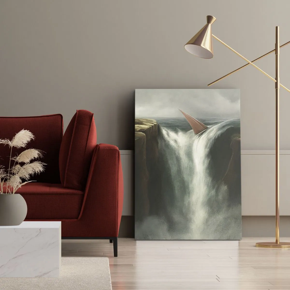 Obraz na płótnie - Żaglówka spadająca z wodospadu w surrealistycznej scenerii - 70x100cm - Życiowa przestroga - Nowoczesna dekoracja ścienna do salonu i sypialni ARTTOR