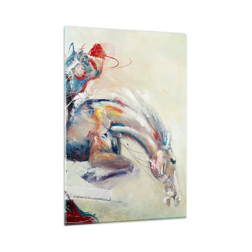 Obraz na szkle - Dynamiczny obraz konia w abstrakcyjnym stylu artystycznym - 80x120cm - Trzymaj się, lecimy - Nowoczesna dekoracja ścienna do salonu i sypialni ARTTOR