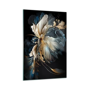 Obraz na szkle - Kwiat w odcieniach złota i granatu na czarnym tle - 70x100cm - Baśniowy kwiat paproci - Nowoczesna dekoracja ścienna do salonu i sypialni ARTTOR