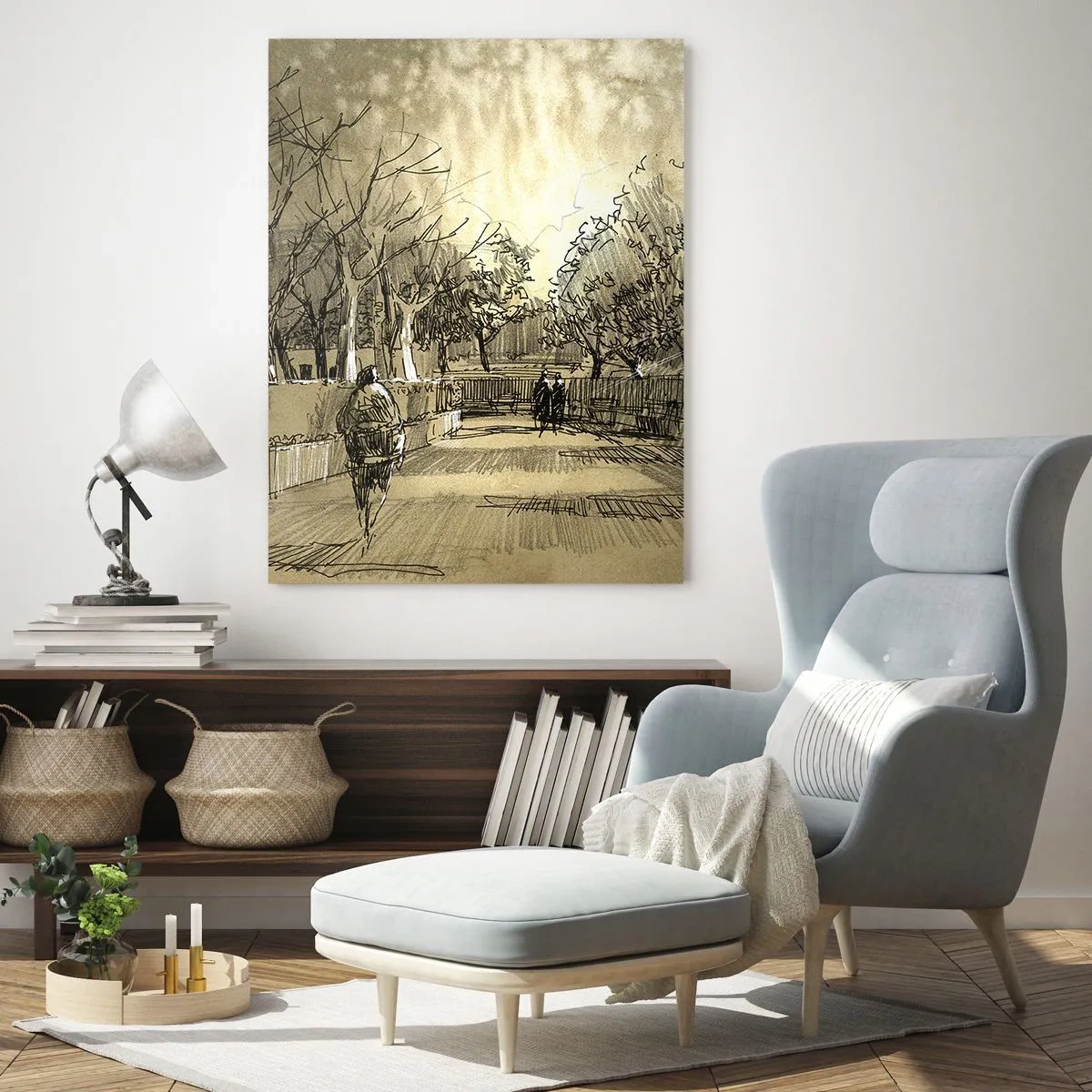 Obraz na szkle - Rysunek przedstawiający park z alejkami i spacerującymi ludźmi - 50x70cm - Piórkiem zatrzymana chwila - Nowoczesna dekoracja ścienna do salonu, kuchni i sypialni ARTTOR