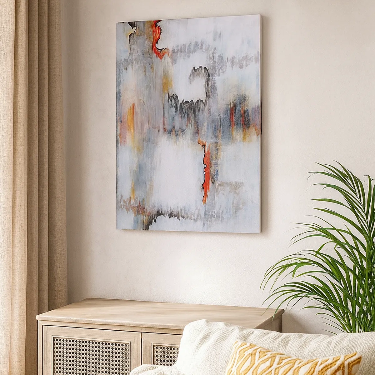 Obraz na płótnie - Minimalistyczna abstrakcja w stonowanych barwach z akcentami czerwieni - 50x70cm - Patykiem na wodzie - Nowoczesna dekoracja ścienna do salonu, kuchni i sypialni ARTTOR