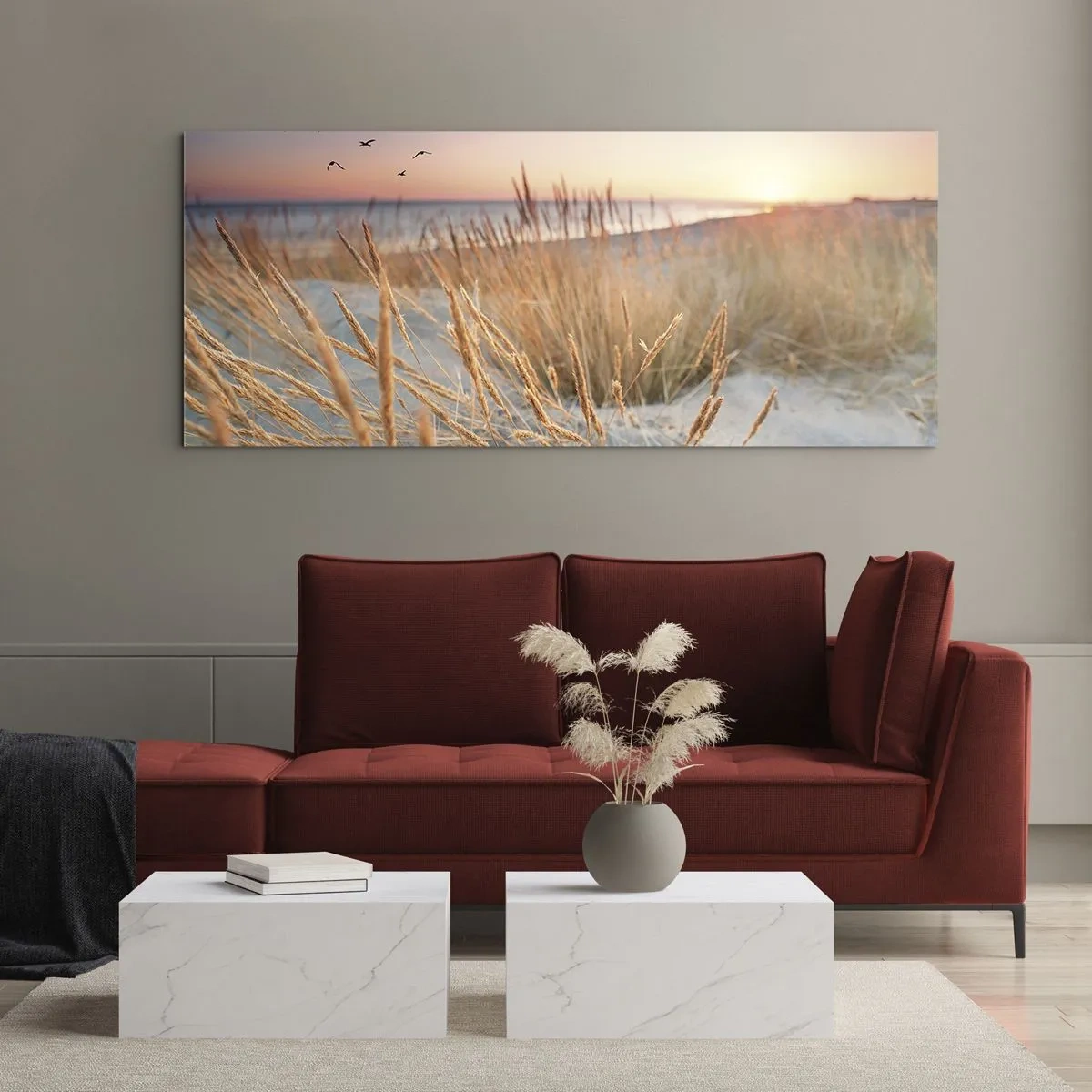 Obraz na szkle - Plaża o zachodzie słońca z wysokimi trawami - 120x50cm - Bałtycka kołysanka - Nowoczesna dekoracja ścienna do salonu i sypialni ARTTOR