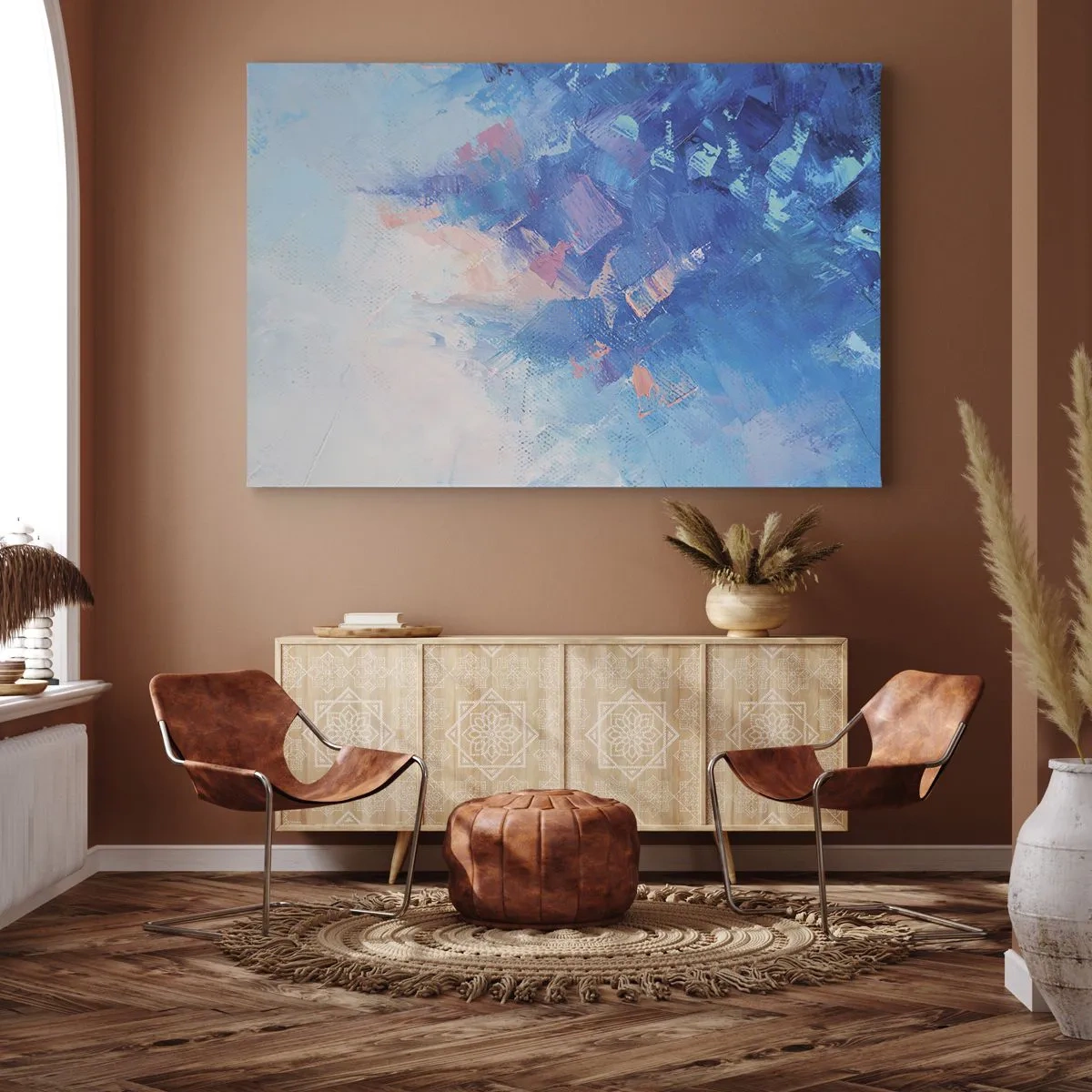 Obraz na płótnie - Abstrakcyjna kompozycja w odcieniach błękitu i różu - 70x50cm - Zimowa abstrakcja - Nowoczesna dekoracja ścienna do salonu i sypialni ARTTOR