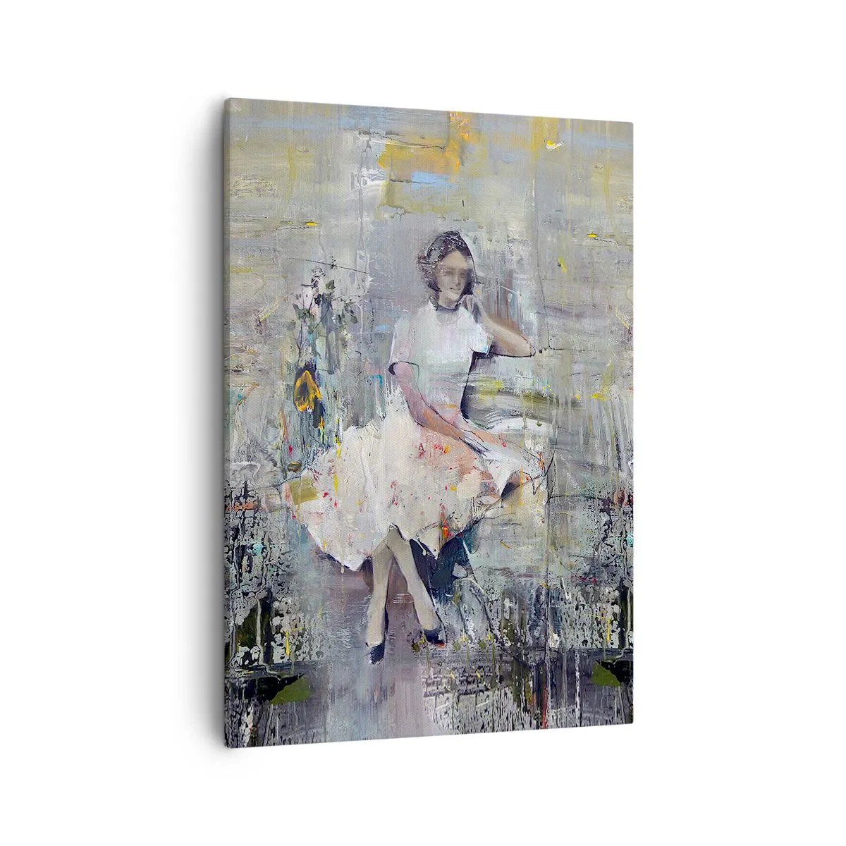 Obraz na płótnie - Kobieta w białej sukience na abstrakcyjnym tle - 50x70cm - Klasyczna i nowoczesna - Nowoczesna dekoracja ścienna do salonu, kuchni i sypialni ARTTOR
