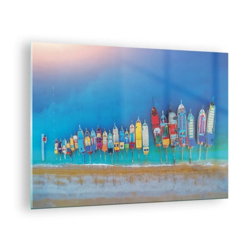 Obraz na szkle - Kolorowe łodzie przy brzegu turkusowego morza - 70x50cm - Z lotu ptaka - Nowoczesna dekoracja ścienna do salonu i sypialni ARTTOR