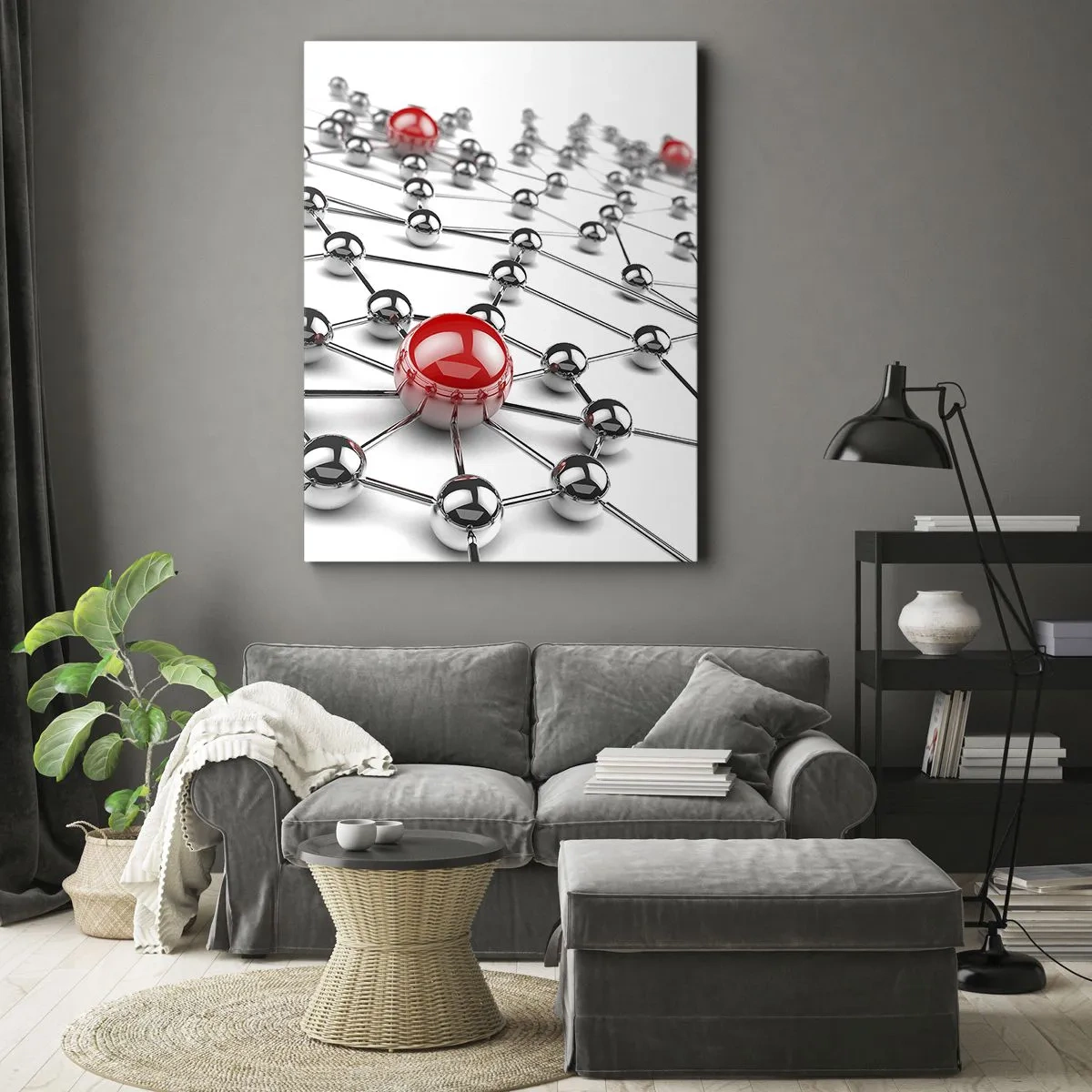 Obraz na płótnie - Srebrna sieć z czerwonym punktem - 50x70cm - Srebrzysta sieć - Nowoczesna dekoracja ścienna do salonu, kuchni i sypialni ARTTOR