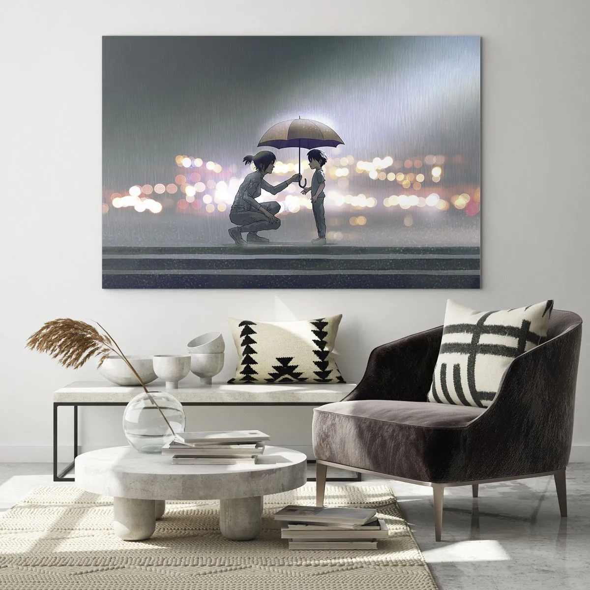Obraz na szkle - Postacie w deszczu z parasolem na tle nocnych świateł - 70x50cm - I już jest wszystko dobrze - Nowoczesna dekoracja ścienna do salonu i sypialni ARTTOR