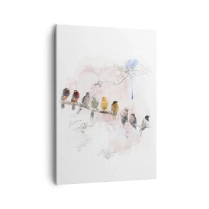 Obraz na płótnie - Grupa kolorowych ptaków siedzących na gałęzi w akwarelowym stylu - 50x70cm - Skrzydlate spotkanie - Nowoczesna dekoracja ścienna do salonu, kuchni i sypialni ARTTOR