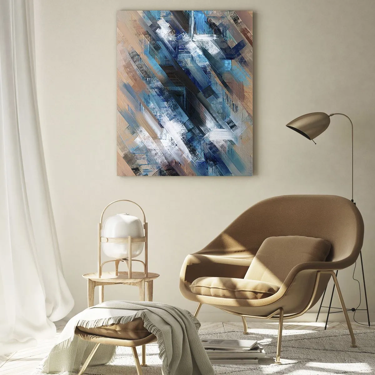 Obraz na szkle - Abstrakcyjne skośne pasy w odcieniach błękitu, bieli i beżu - 50x70cm - Po błękitnym skosie - Nowoczesna dekoracja ścienna do salonu, kuchni i sypialni ARTTOR