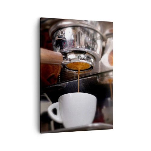 Obraz na płótnie - Ekspres do kawy nalewający espresso do białej filiżanki - 50x70cm - Dobra chwila dnia - Nowoczesna dekoracja ścienna do salonu, kuchni i sypialni ARTTOR