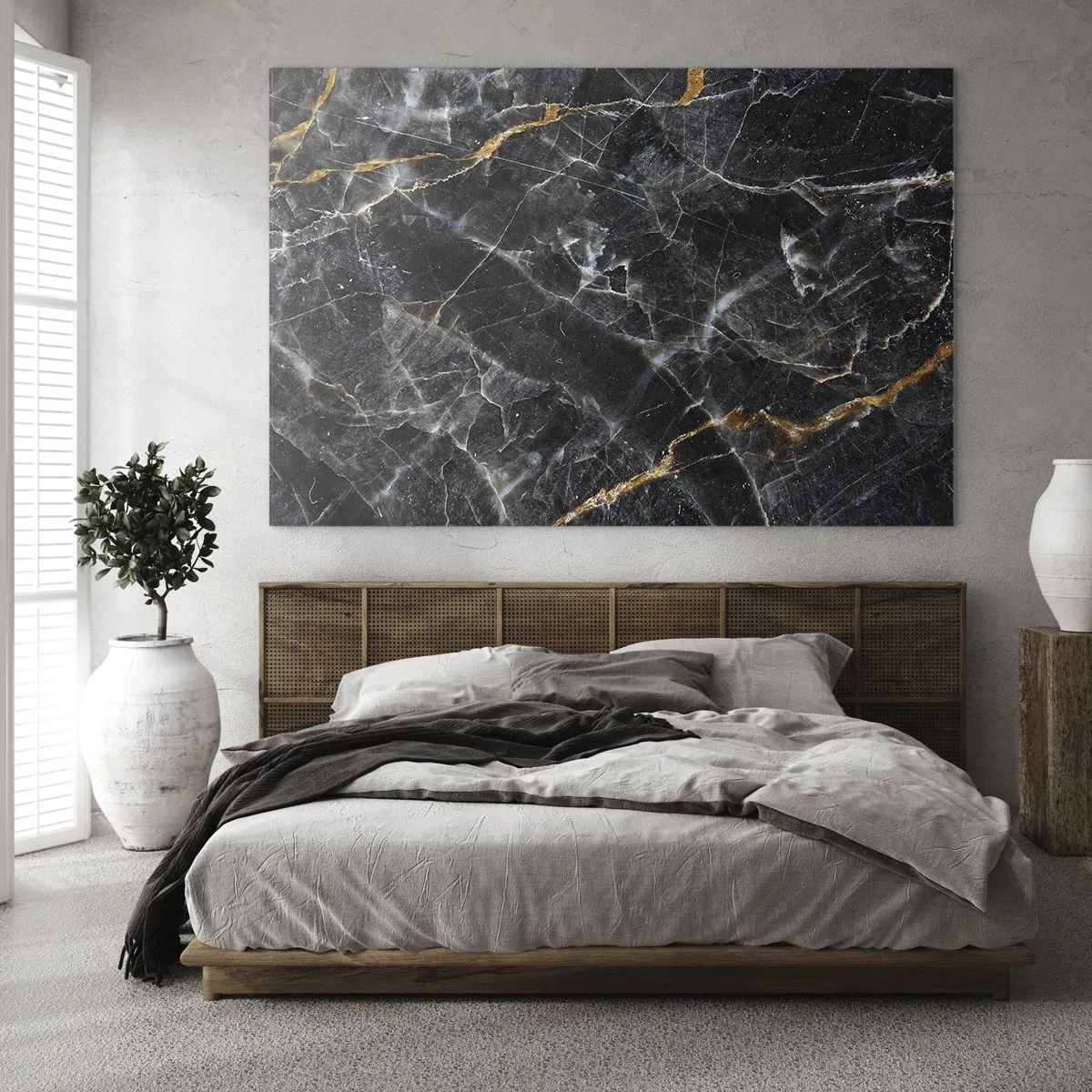 Obraz na szkle - Czarno-złoty marmurowy wzór z białymi żyłkami - 70x50cm - Wewnętrzne życie kamienia - Nowoczesna dekoracja ścienna do salonu i sypialni ARTTOR