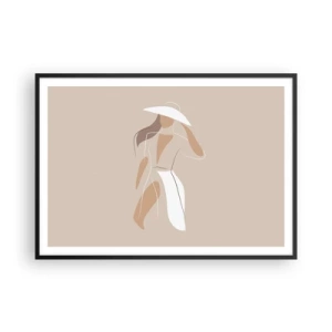 Plakat w czarnej ramie - Minimalistyczny rysunek kobiety w kapeluszu na beżowym tle - 100x70cm - Moda to zabawa - Nowoczesna dekoracja ścienna do salonu i sypialni ARTTOR