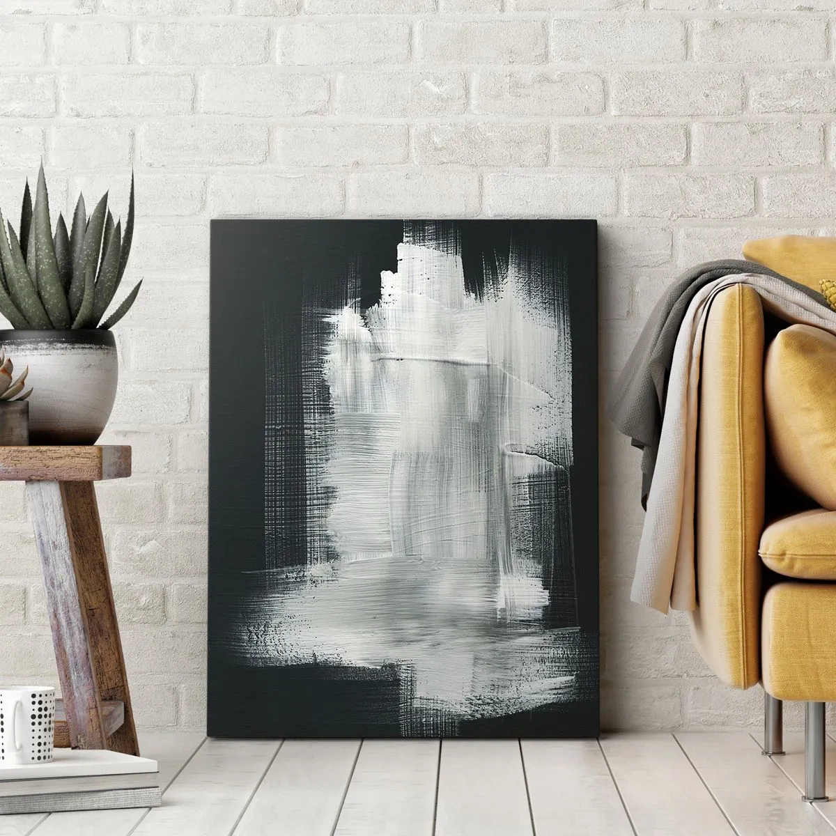 Obraz na płótnie - Abstrakcyjna kompozycja z białymi pociągnięciami pędzla na ciemnym tle - 50x70cm - Utkane z pionu i poziomu - Nowoczesna dekoracja ścienna do salonu, kuchni i sypialni ARTTOR