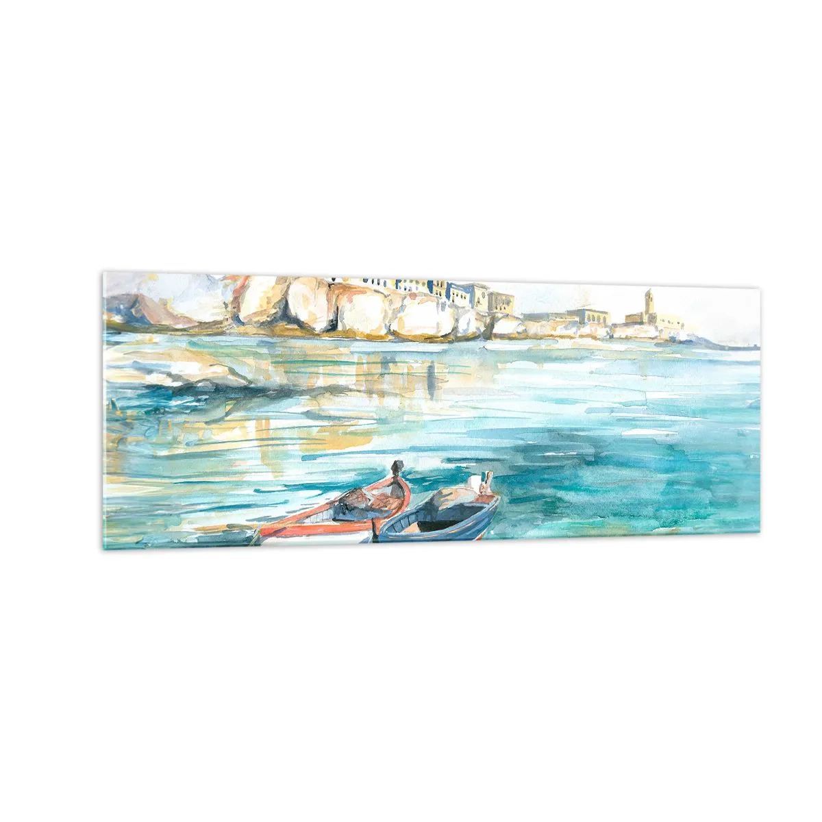 Obraz na szkle - Malowniczy krajobraz nadmorski z łodziami na wodzie - 140x50cm - Pejzaż w lazurze - Nowoczesna dekoracja ścienna do salonu i sypialni ARTTOR