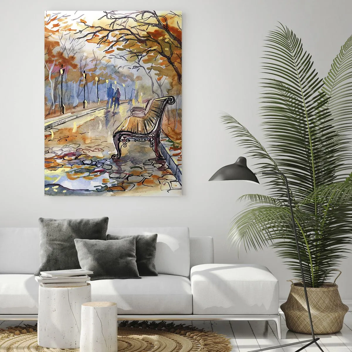 Obraz na szkle - Jesienna alejka z ławką w artystycznym stylu akwarelowym - 50x70cm - Razem powędrować w jesień - Nowoczesna dekoracja ścienna do salonu, kuchni i sypialni ARTTOR