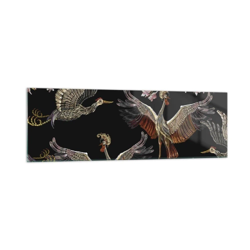 Obraz na szkle - Stylowe żurawie i kwiaty na czarnym tle - 160x50cm - Baśniowy ptak - Nowoczesna dekoracja ścienna do salonu i sypialni ARTTOR