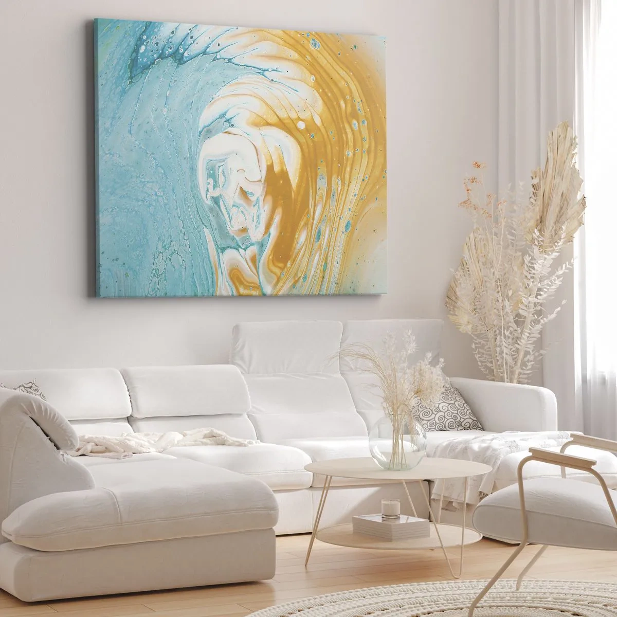 Obraz na płótnie - Abstrakcyjne fale w odcieniach niebieskiego i złotego na płótnie - 70x50cm - Pastelowy wir - Nowoczesna dekoracja ścienna do salonu i sypialni ARTTOR