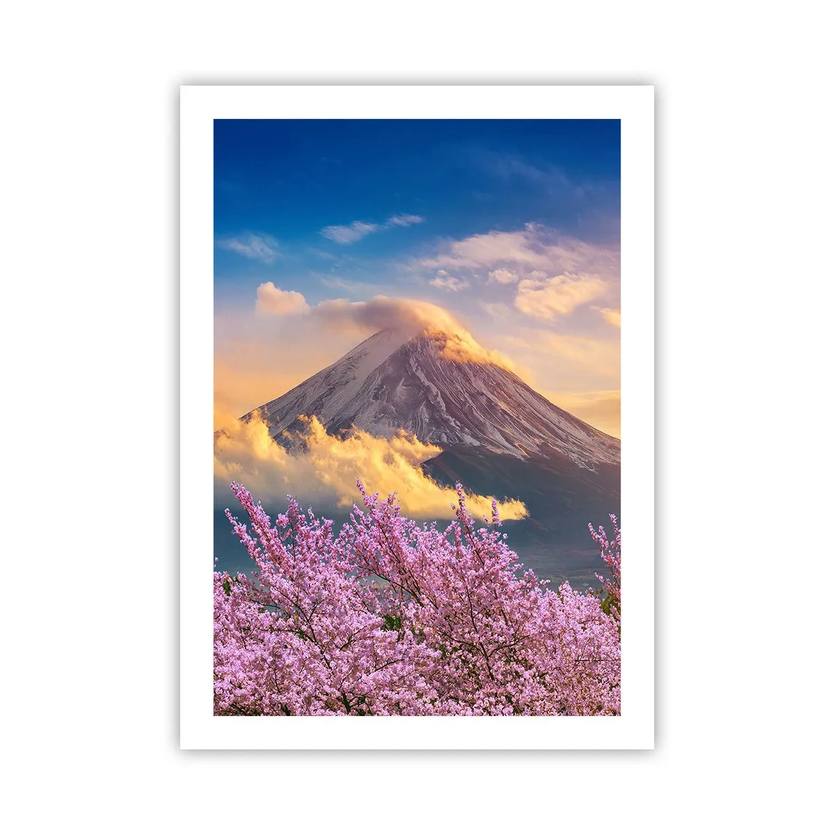 Plakat - Góra Fuji w otoczeniu kwitnącej wiśni o zachodzie słońca - 50x70cm - Japońska świętość - Nowoczesna dekoracja ścienna do salonu, kuchni i sypialni ARTTOR