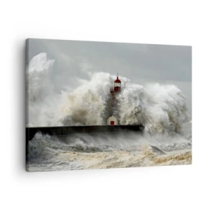 Obraz na płótnie - Latarnia morska otoczona wzburzonymi falami podczas sztormu - 70x50cm - Gniew oceanu - Nowoczesna dekoracja ścienna do salonu i sypialni ARTTOR