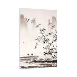 Obraz na szkle - Minimalistyczny pejzaż w stylu orientalnym - 80x120cm - Cisza ryżowych pól - Nowoczesna dekoracja ścienna do salonu i sypialni ARTTOR