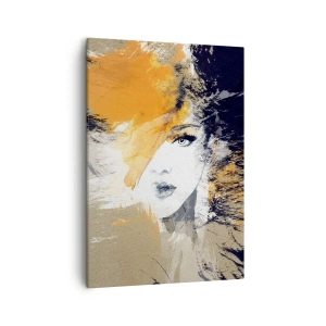 Obraz na płótnie - Abstrakcyjny portret kobiety w odcieniach złota i granatu - 50x70cm - I staje się światło - Nowoczesna dekoracja ścienna do salonu, kuchni i sypialni ARTTOR