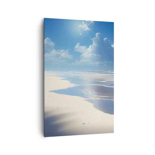 Obraz na płótnie - Piaszczysta plaża z falami pod błękitnym niebem - 80x120cm - Rajskie wakacje - Nowoczesna dekoracja ścienna do salonu i sypialni ARTTOR