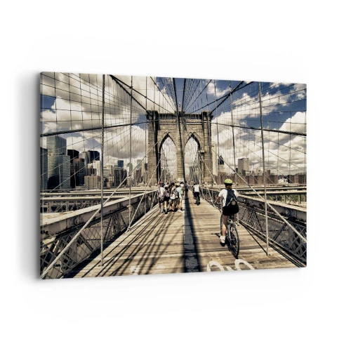 Obraz na płótnie - Brookliński most z widokiem na pieszych i rowerzystów - 100x70cm - Wprost do serca miasta - Nowoczesna dekoracja ścienna do salonu, kuchni i sypialni ARTTOR