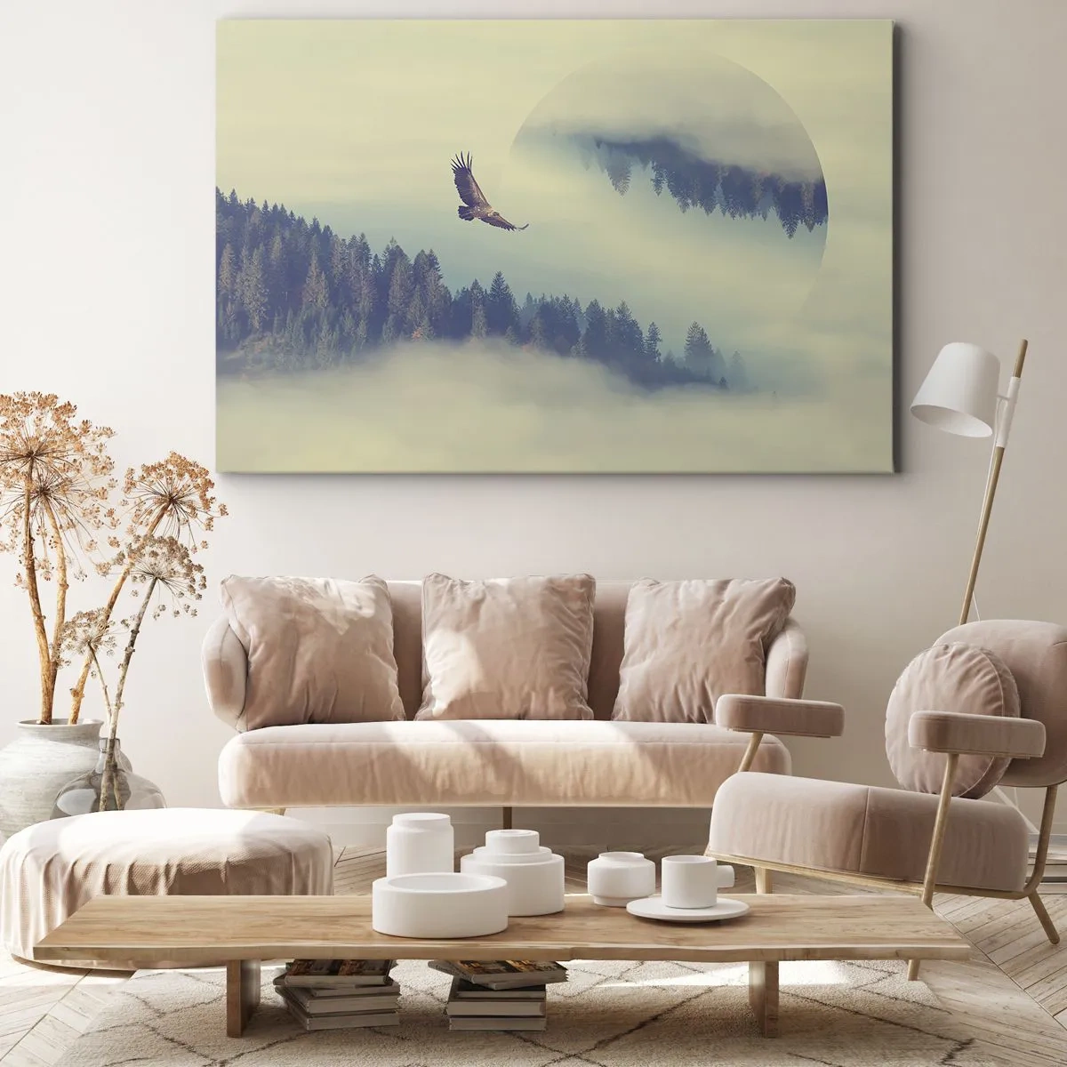 Obraz na płótnie - Orzeł w locie na tle mglistych gór z artystycznym motywem koła - 120x80cm - Widziałam orła cień - Nowoczesna dekoracja ścienna do salonu, kuchni i sypialni ARTTOR